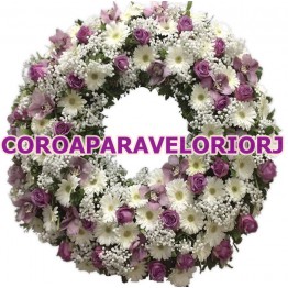 42 - COROA  EUROPÉIA GERBERAS BRANCAS E ROSAS LILAS